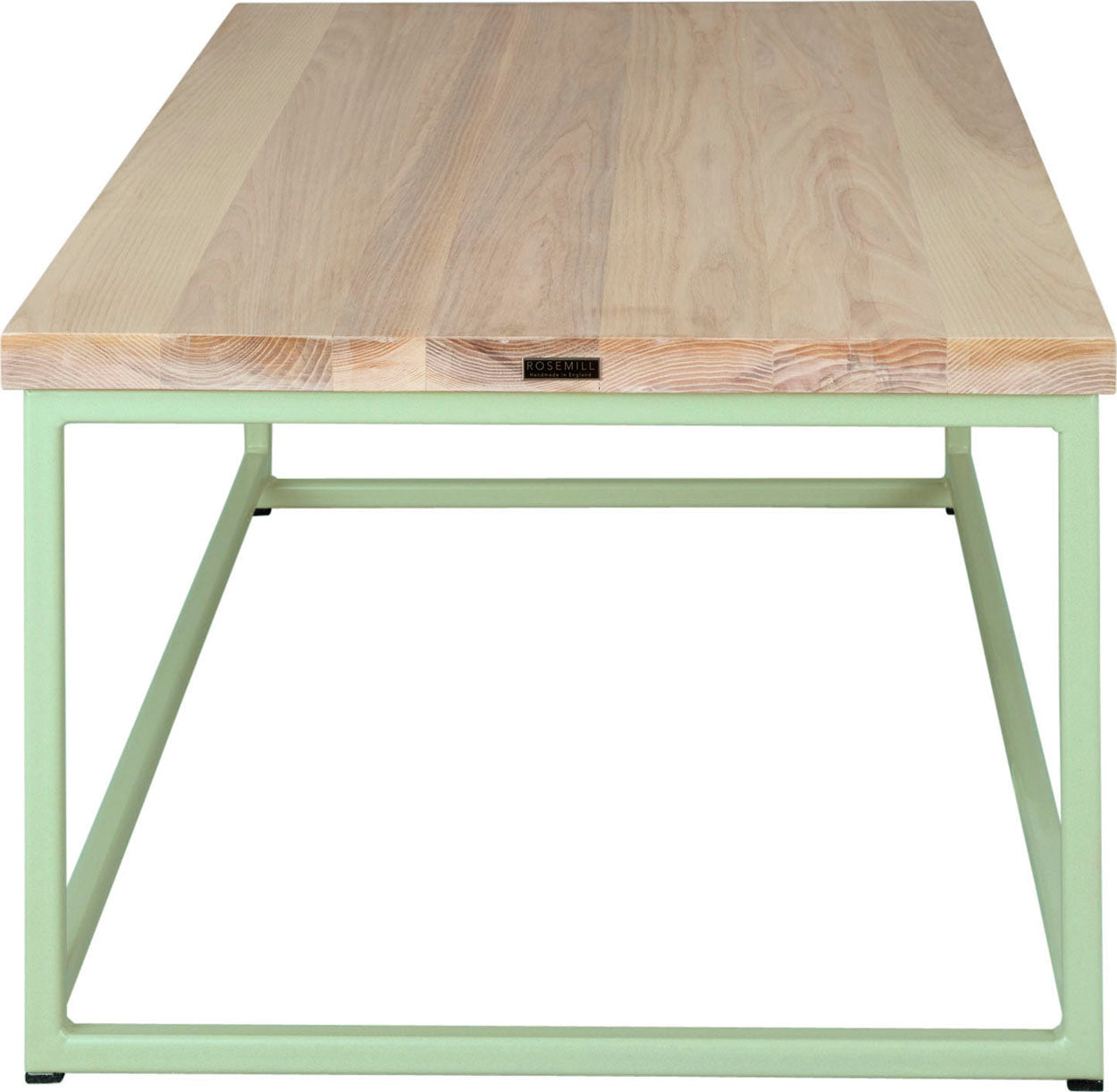 Mint green metal table with whitewash stain ash wood made in UK - side view square frame