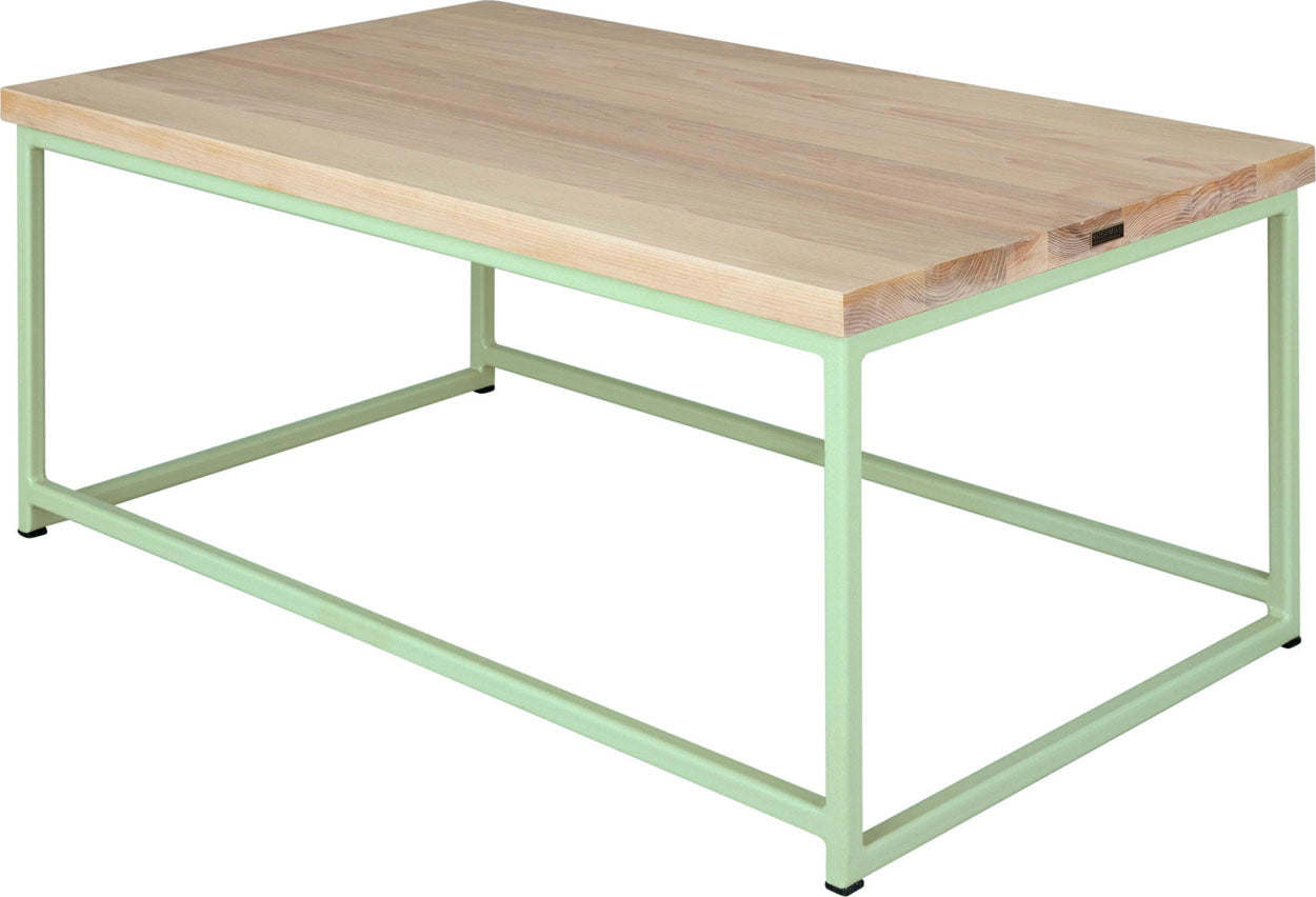 Mint green metal table with whitewash stain ash wood made in UK - back side view square frame